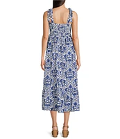 Leslie Fay Floral Print Flounce Hem Square Neck Sleevless Midi Dress