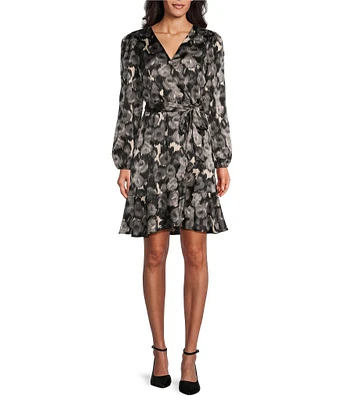 Leslie Fay Floral Print Stretch Matte Satin Surplice V-Neck Long Sleeve Ruffle Hem Fit & Flare Dress