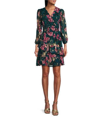 Leslie Fay Long Sleeve V-Neck Floral Dress