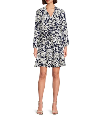 Leslie Fay Long Sleeve V-Neck Floral Print Tiered Fit and Flare Dress