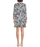 Leslie Fay Long Sleeve V-Neck Floral Print Tiered Fit and Flare Dress