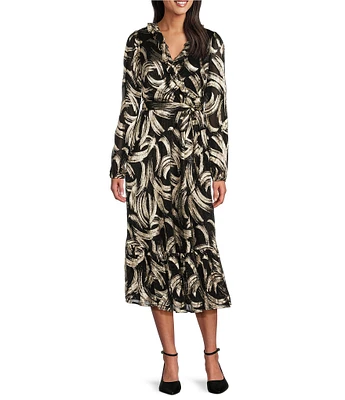 Leslie Fay Printed Metallic Gold Foil Surplice V-Neck Balloon Sleeve Tie Waist Fit & Flare Midi Dress