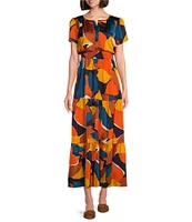 Leslie Fay Printed Satin Split V-Neck Short Sleeve Elastic Waist Maxi Dress