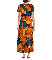 Leslie Fay Printed Satin Split V-Neck Short Sleeve Elastic Waist Maxi Dress