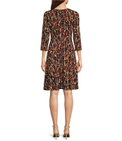 Leslie Fay Printed Surplice V-Neck 3/4 Sleeves Tab Waist Dress