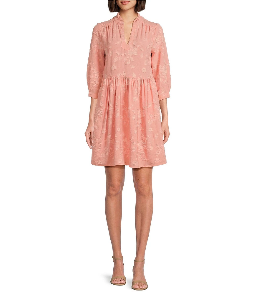 Leslie Fay Ruffle Neck 3/4 Sleeve Jacquard A-Line Dress