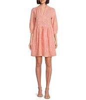 Leslie Fay Ruffle Neck 3/4 Sleeve Jacquard A-Line Dress