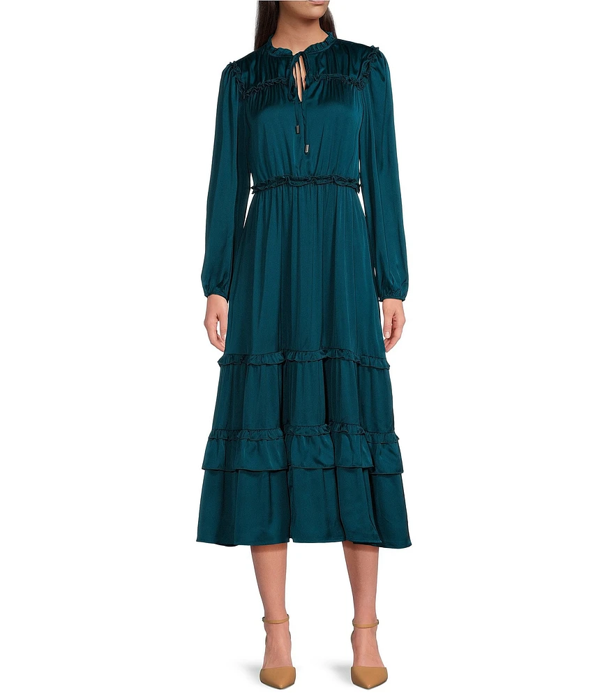 Leslie Fay Satin Tie-Neck Balloon Sleeves Ruffle Tiered Hem Midi Dress