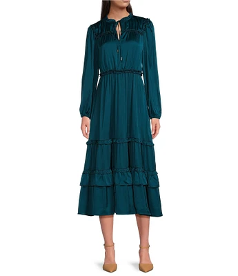 Leslie Fay Satin Tie-Neck Balloon Sleeves Ruffle Tiered Hem Midi Dress