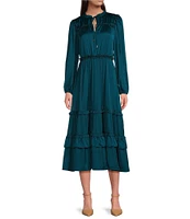 Leslie Fay Satin Tie-Neck Balloon Sleeves Ruffle Tiered Hem Midi Dress