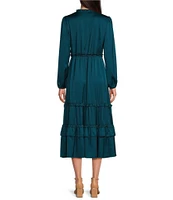 Leslie Fay Satin Tie-Neck Balloon Sleeves Ruffle Tiered Hem Midi Dress