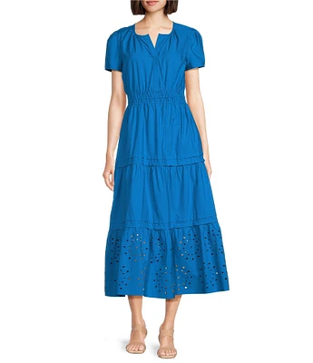 Leslie Fay Short Sleeve A-Line Cotton Poplin Maxi Dress