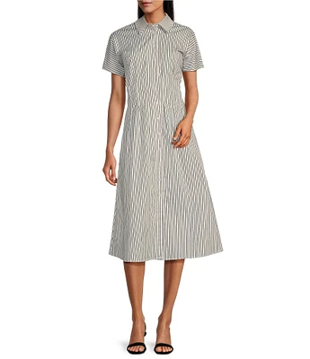 Leslie Fay Short Sleeve Cinched Waist Midi Shirt Dress
