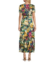 Leslie Fay Short Sleeve Split V-Neck Floral Maxi Dress