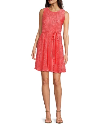 Leslie Fay Sleeveless Crew Neck Tie Waist Pleated Fit And Flare Dress