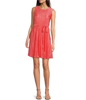 Leslie Fay Sleeveless Crew Neck Tie Waist Pleated Fit And Flare Dress