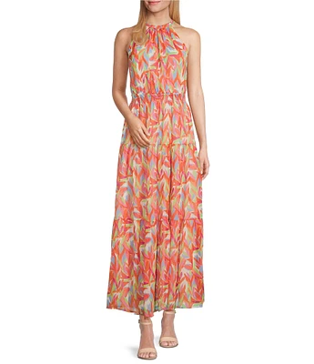 Leslie Fay Sleeveless Halter Neck Tiered Chiffon Maxi Dress