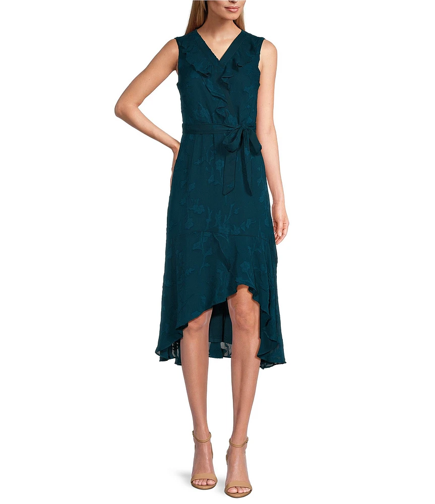 Leslie Fay Sleeveless V-Neck Ruffle Tie Waist Dress