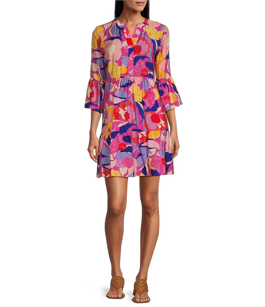 Leslie Fay Split V-Neck 3/4 Bell Sleeve Printed Dress