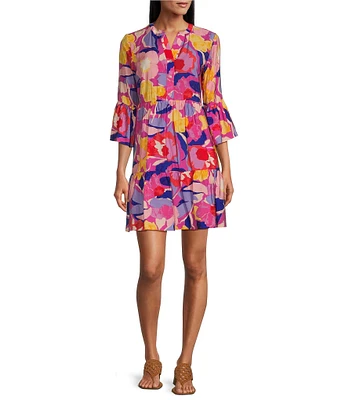Leslie Fay Split V-Neck 3/4 Bell Sleeve Printed Dress