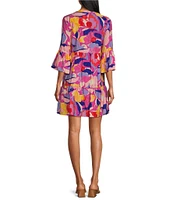 Leslie Fay Split V-Neck 3/4 Bell Sleeve Printed Dress
