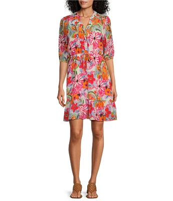 Leslie Fay Split V-Neck Cinched Waist Button Front Dress