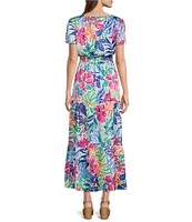 Leslie Fay Split V-Neck Elastic Waist Floral Print Maxi Dress