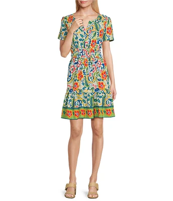 Leslie Fay Split V-Neck Short Sleeve Floral Print A-Line Dress
