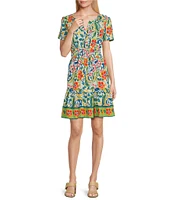 Leslie Fay Split V-Neck Short Sleeve Floral Print A-Line Dress