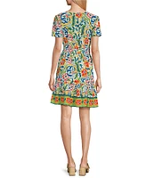 Leslie Fay Split V-Neck Short Sleeve Floral Print A-Line Dress