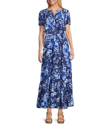 Leslie Fay Split V-Neck Short Sleeve Floral Print Maxi Dress