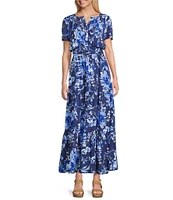 Leslie Fay Split V-Neck Short Sleeve Floral Print Maxi Dress