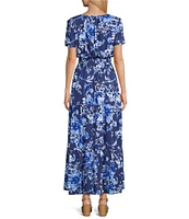 Leslie Fay Split V-Neck Short Sleeve Floral Print Maxi Dress