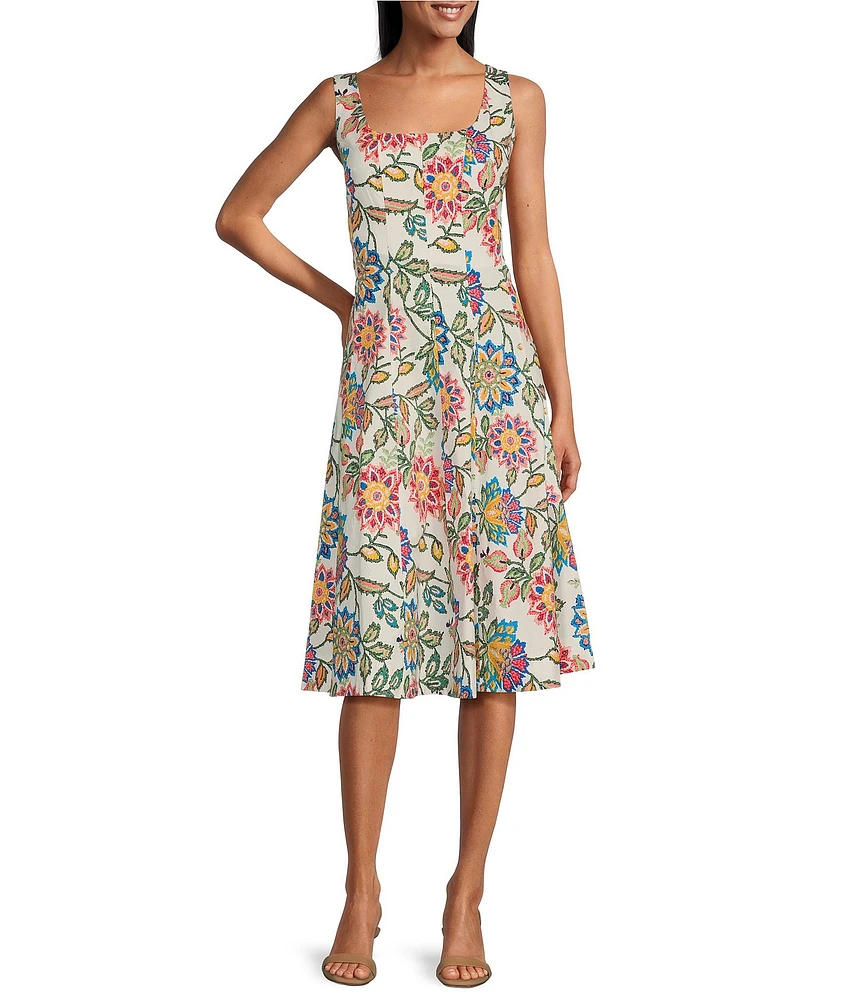 Leslie Fay Square Neck Cotton Poplin Floral Fit and Flare Midi Dress