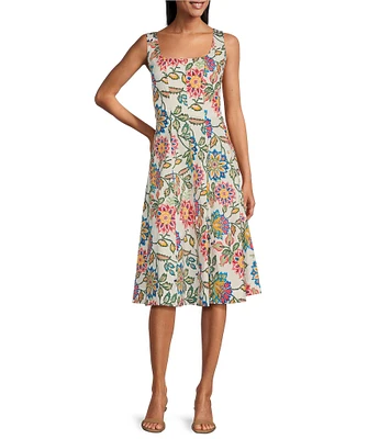 Leslie Fay Square Neck Cotton Poplin Floral Fit and Flare Midi Dress