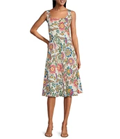 Leslie Fay Square Neck Cotton Poplin Floral Fit and Flare Midi Dress