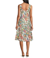 Leslie Fay Square Neck Cotton Poplin Floral Fit and Flare Midi Dress