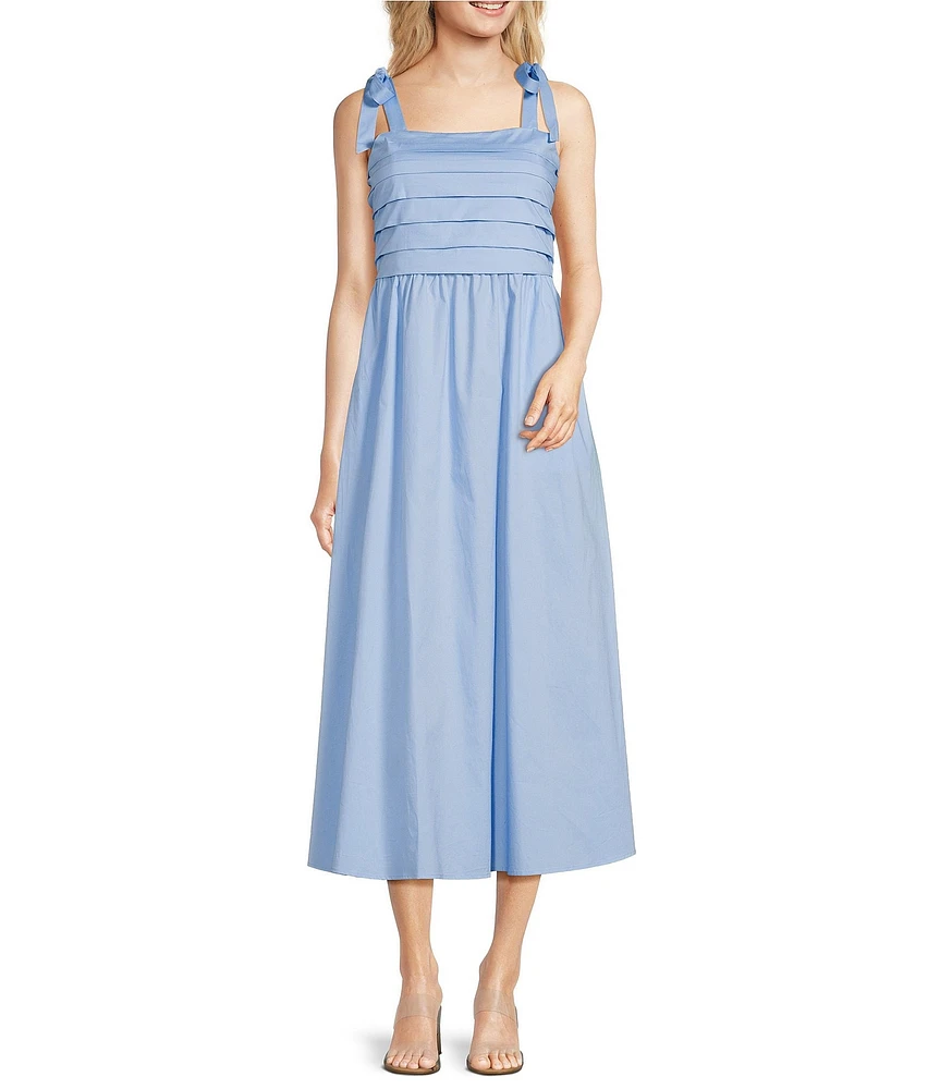 Leslie Fay Square Neck Sleeveless Pleaded Bodice Cotton Poplin Fit and Flare Midi Dress