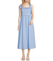 Leslie Fay Square Neck Sleeveless Pleaded Bodice Cotton Poplin Fit and Flare Midi Dress