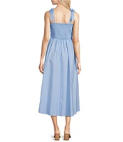 Leslie Fay Square Neck Sleeveless Pleaded Bodice Cotton Poplin Fit and Flare Midi Dress