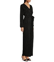 Leslie Fay Surplice V-Neck Long Sleeve Tie Waist A-line Dress