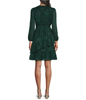 Leslie Fay V-Neck Long Balloon Sleeve Ruffle Hem Dress