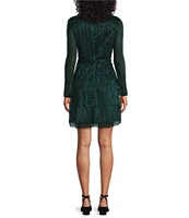 Leslie Fay V-Neck Long Balloon Sleeve Tiered Skirt Tie Waist Dress