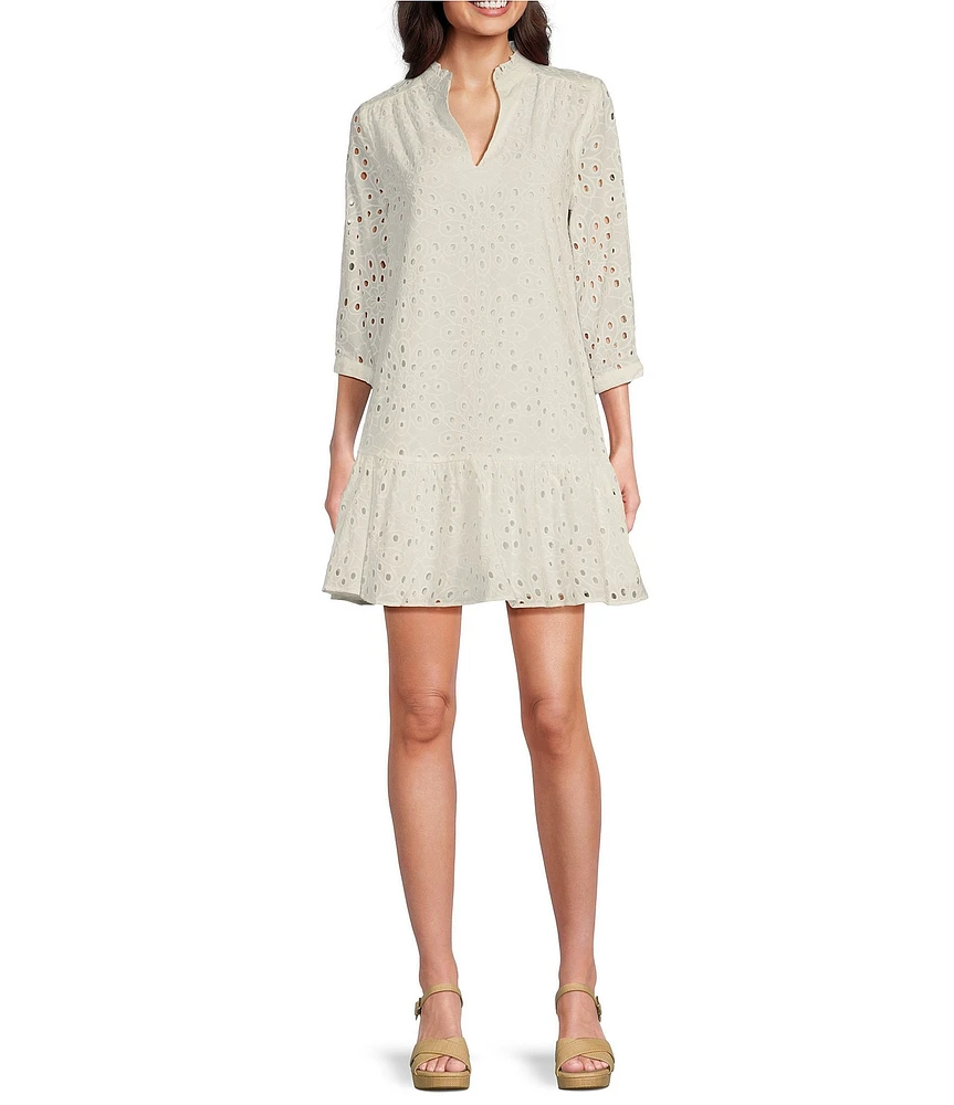 Leslie Fay V-Neck Long Sleeve Ruffle Hemline Eyelet Sheath Dress