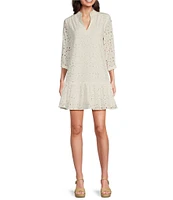 Leslie Fay V-Neck Long Sleeve Ruffle Hemline Eyelet Sheath Dress