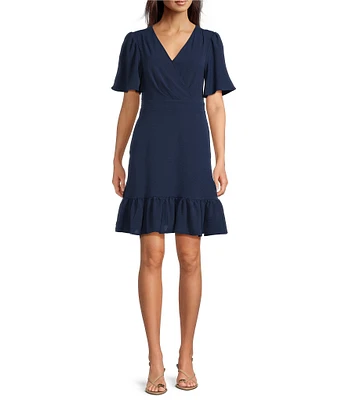 Leslie Fay V-Neck Short Sleeve Fit and Flare Dress
