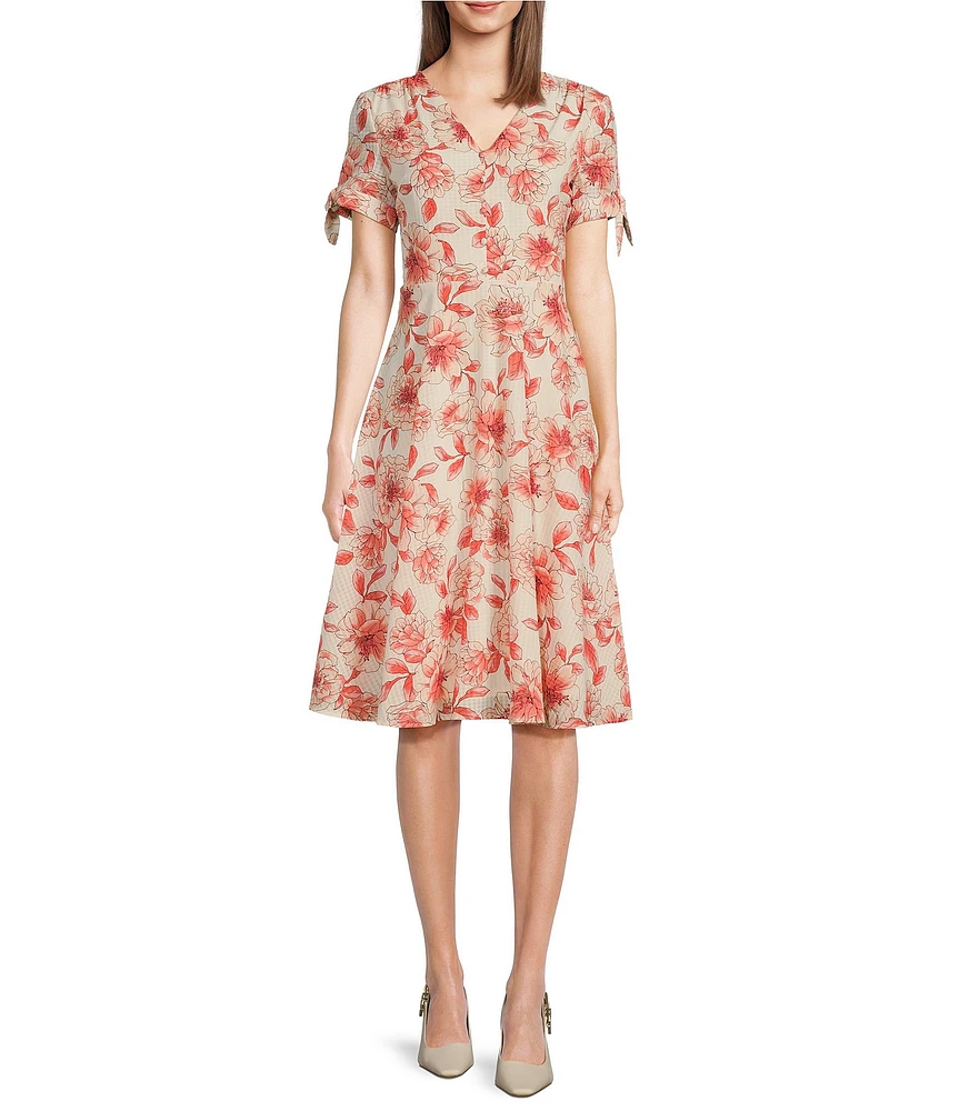 Leslie Fay V-Neck Short Tie Sleeve Mock Button Front Fit and Flare Dress
