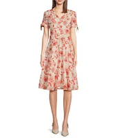 Leslie Fay V-Neck Short Tie Sleeve Mock Button Front Fit and Flare Dress