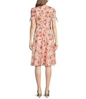 Leslie Fay V-Neck Short Tie Sleeve Mock Button Front Fit and Flare Dress