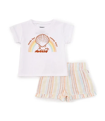 Levi's® Baby Girls 12-24 Months Short Sleeve Seashell/Rainbow Graphic Jersey T-Shirt & Striped Linen-Blend Shorts Set